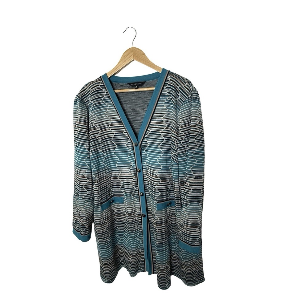 Ming Wang Womens Multicolor Geometric Open Front long sleeve cardigan 1x